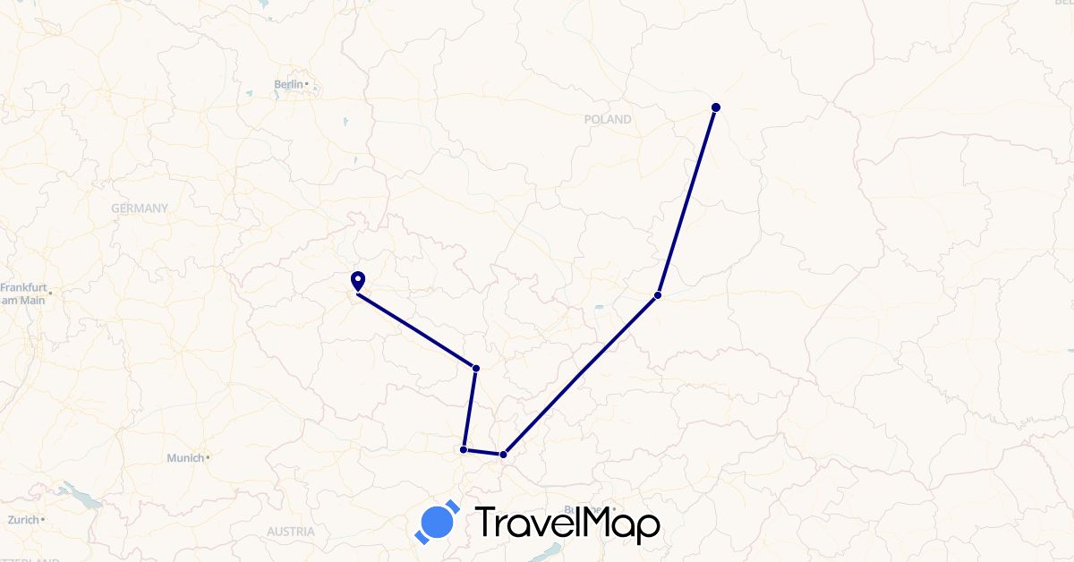 TravelMap itinerary: driving in Austria, Czech Republic, Poland, Slovakia (Europe)